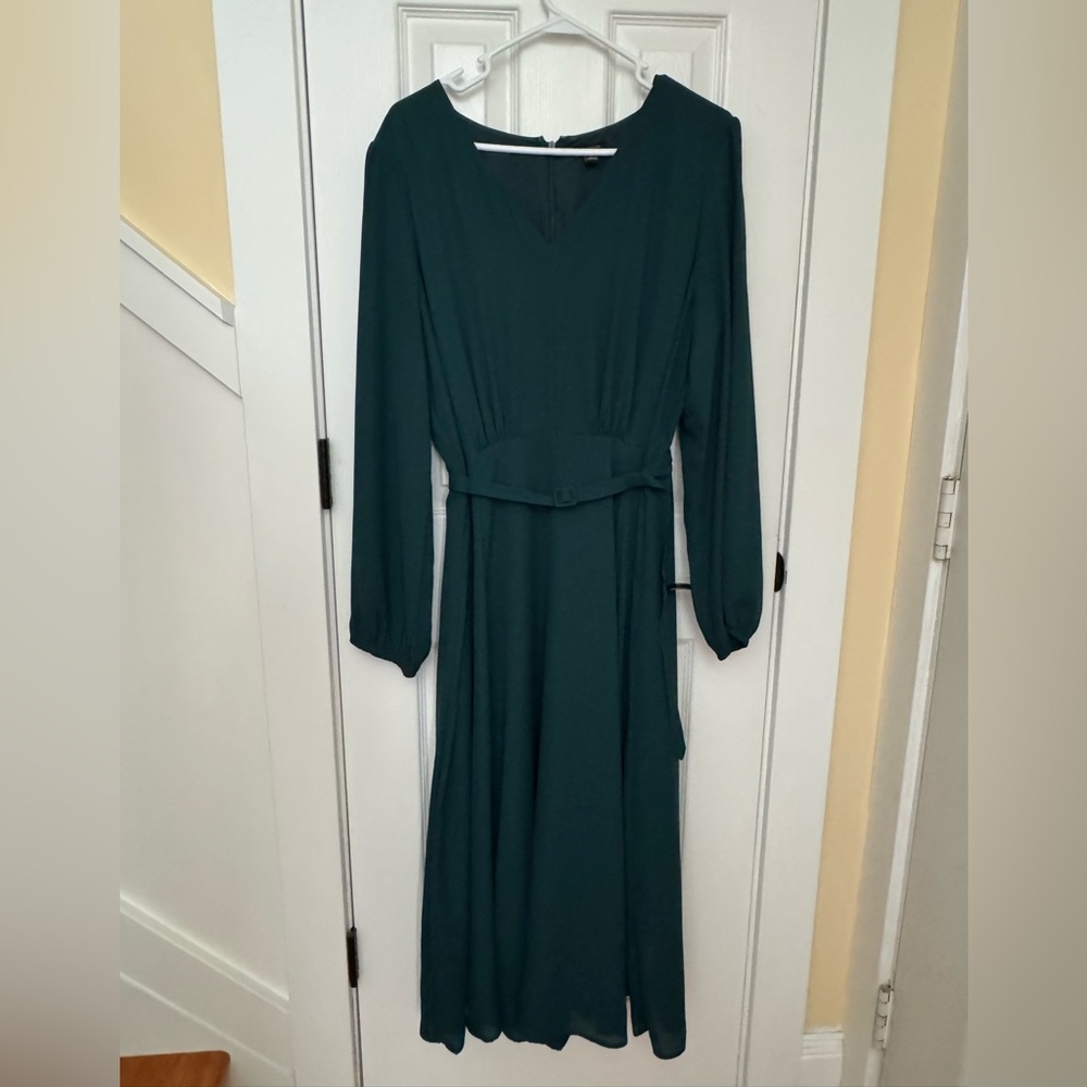 Ann Taylor Deep Teal V‑Neck Maxi Dress with Waist Tie